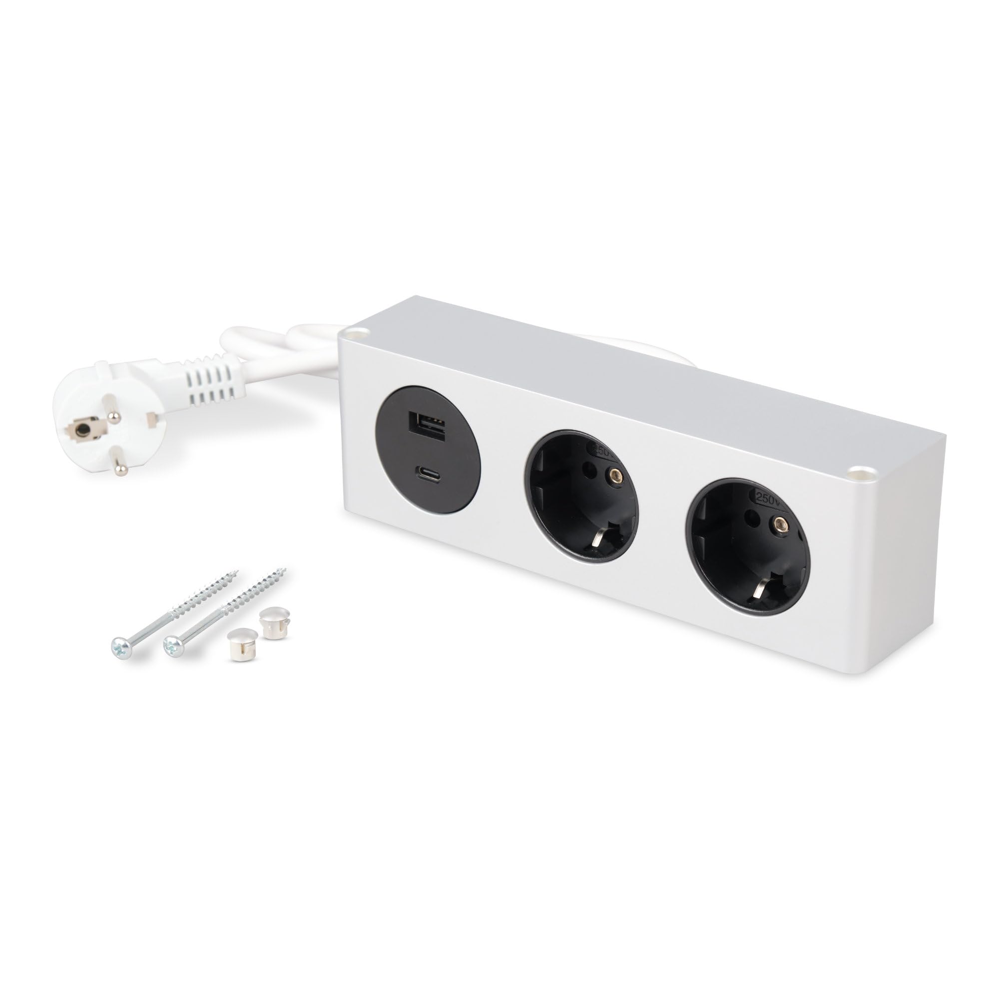 kalb | Möbel-USB-Ladestation, Unterbaumontage, Vielseitige Powerbox mit 2 Schukosteckdosen und USB-Anschlüssen (USB-A und USB-C), 200x46x62,5 mm, 230V, einfache Montage für Elektrogeräte, Silber