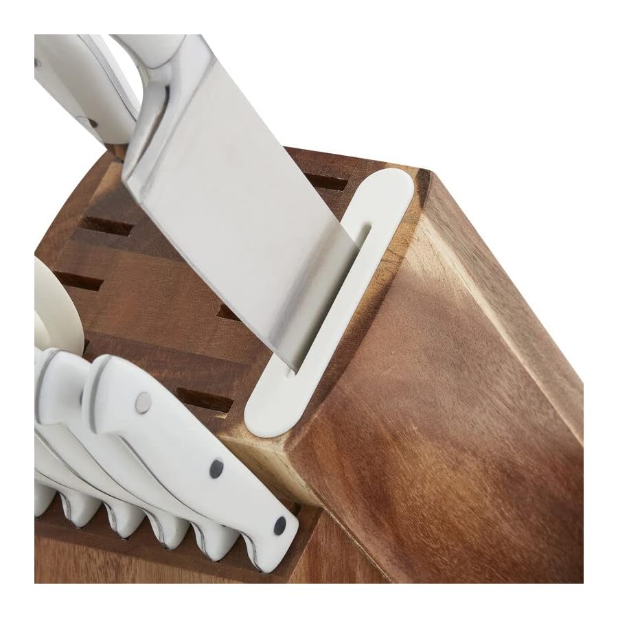 Sabatier 15-Piece Forged Triple Rivet Knife Block Set with Built-in Sharpener, High-Carbon Stainless Steel Kitchen Knives, Razor-Sharp Knife set with Acacia Block and Edgekeeper Technology, White