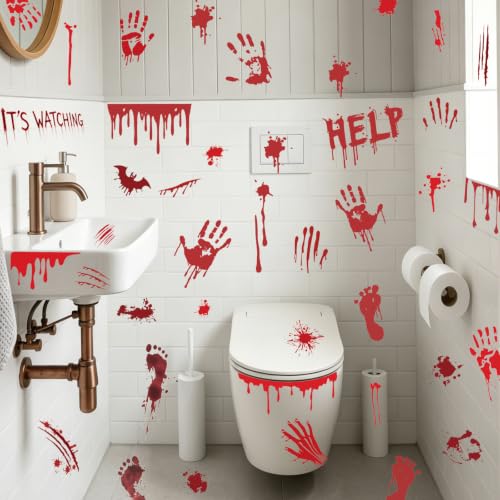 Image of Halloween Bloody Handprint & Footprint Stickers, Spooky Scary Horror Decor | 8 Sheets Blood Splatter Window Decals, Kitchen & Bathroom Floor Mirror Wall Decor, Home Office Halloween Party Decorations