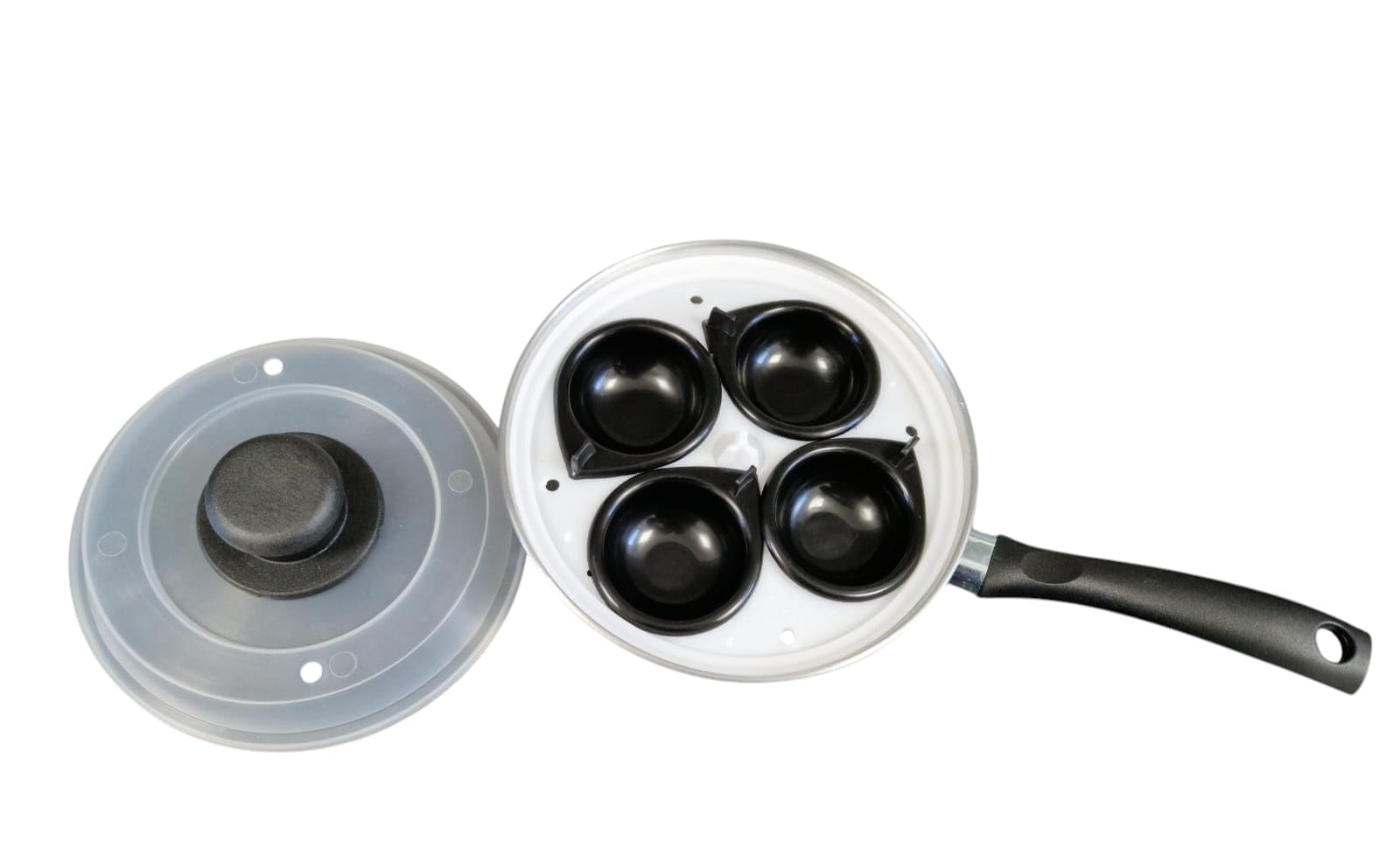 4 Cups Egg Poacher Pan With Vented Plastic Lid and Handle Removable 4 Cups Aluminium Pan Dishwasher Safe 20cm Pan