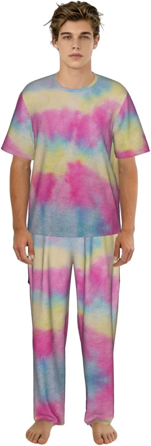 Men'S 2 Piece Loungewear Pajama Set Rainbow Stripes Print Short Sleeve Tee Top And Pants Set S-3xl