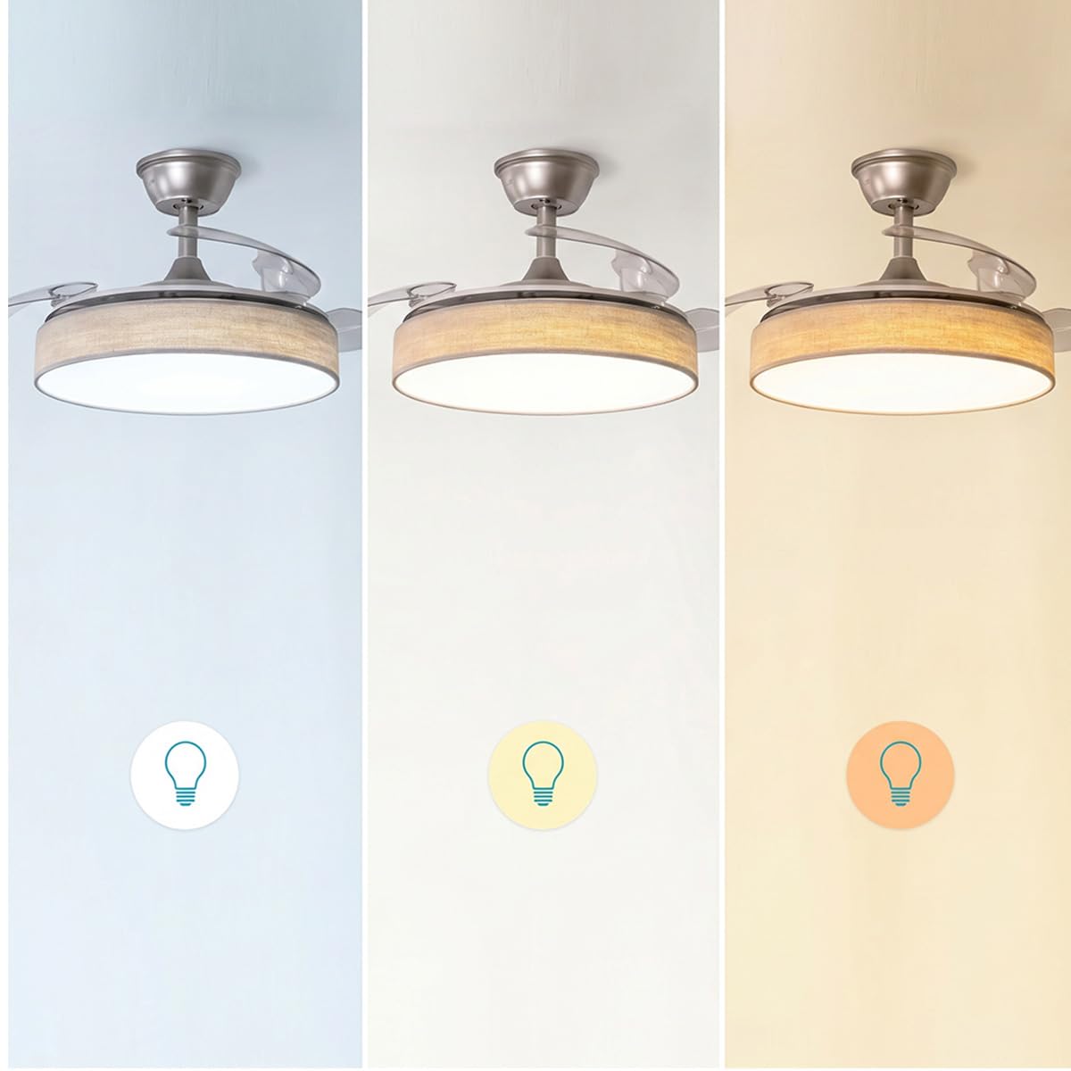 Cecotec Ventilatore da Soffitto con Luce con 3 Pale Retrattili EnergySilence Aero 4222 Invisible Textile. 30 W, Motore DC, Diametro 42", 3 Toni LED, Telecomando, 6 Velocità, Timer, Design In Tessuto