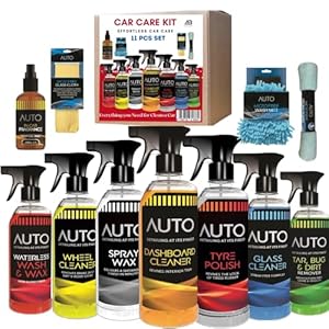 11 Pcs Car Cleaning Kit – Car Wash Shampoo & Wax For Glass & Wheel Cleaner, Tyre Polish, Dashboard Spray Wax, Tar & Bug Cleaner, Microfibre Towel, Wash Mitt, Cleaning Cloth & Air Con Refresher