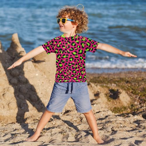 ALAZA Kids Rash Guard Girls Boys Toddler Swim Shirts Short Sleeve Leopard Hot Pink Green UPF 50+ 3T4