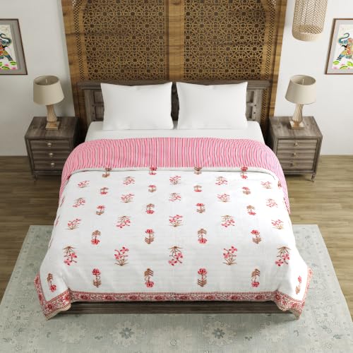 Image of BLOCKS OF INDIA Hand Block Printed Cotton King Size Quilt /Rajai | Pink Peach FLR