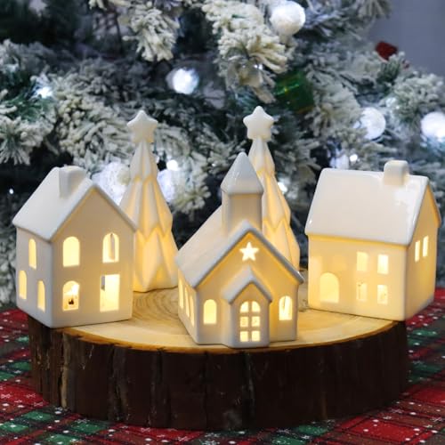 5 casas de Navidad de cerámica con luces LED, juego de aldea que funciona con pilas, decoración de iglesia blanca de invierno y mini cabaña para chimenea, mesa, exhibición de vacaciones (blanco cálido