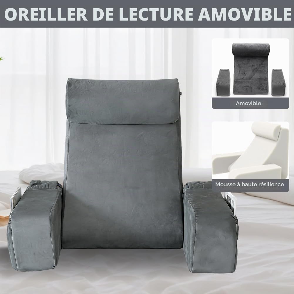 Coussin de lecture pour lit et canapé, coussin de dossier, lit pour adulte, avec accoudoirs amovibles et coussin de tête, coussin de soutien dorsal avec housse lavable pour lire, regarder la
