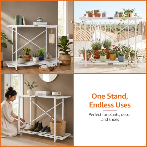 Image of Amazon Basics Heavy Duty 2-Tier Plant Stand | Rust-Resistant Powder Coated Finish | Multipurpose Shelves | Reinforced X-Frame Stability | Indoor & Outdoor Use | Balcony, Garden & Living Room | White