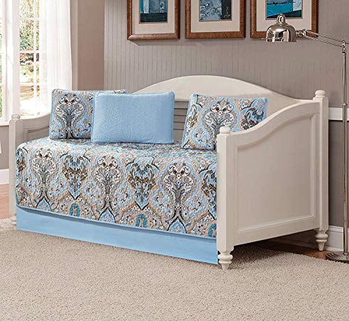 Luxury Home Collection 5 Piece Daybed Quilted Reversible Coverlet Bedspread Set Floral Printed Blue Taupe