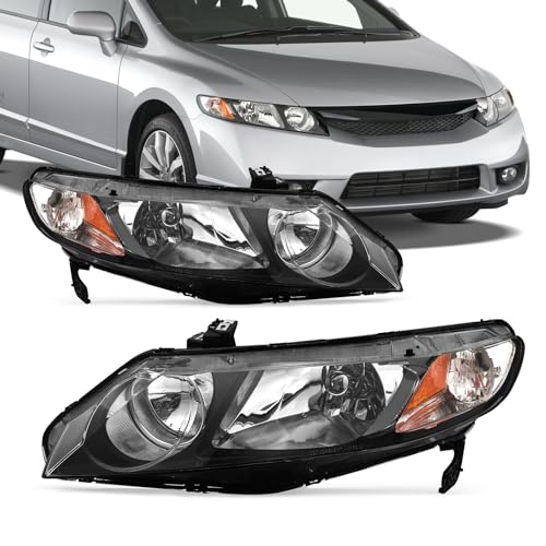 AXLAHA Compatible with 2006 2007 2008 2009 2010 2011 Honda Civic Headlight Assembly for 06-11 Civic Sedan 4-Door Clear Lens Black Housing with Amber Reflector Headlamp Replacement Left and Right