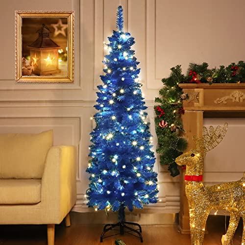 Turnmeon 5 Ft Prelit Artificial Pencil Christmas Tree Decoration With 8 Modes 100 Led Warm Lights Plug In 380 Branch Tips Metal Stand Slim Tree Xmas Decor Indoor Outdoor Home Holiday (Blue) #TOP1