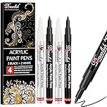 Drawlish Acrylic Paint Pens, Black & White Pen Set of 4 Glass Paint Markers 0.7mm Extra Fine Tip | Ideal for Wood, Fabric, Porcelain, Ceramic, Stone, Rock Painting and more