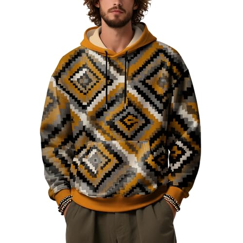 Aztec Hoodies for Men Fall Trendy Baggy Western Long Sleeve Sweatshirts Drawstring Pullover Hoodies with Pockets