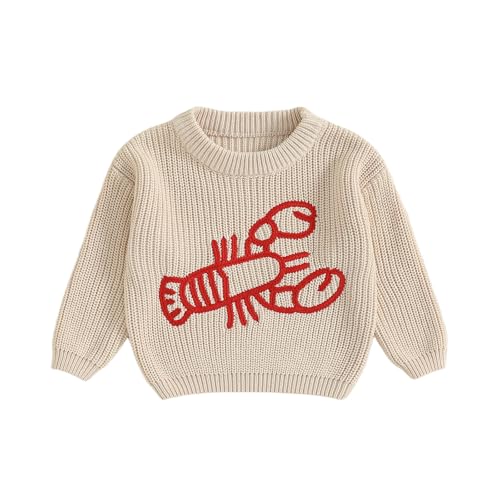 Image of Toddler Boy Girl Lobster Sweaters Long Sleeve Winter Warm Embroidery Knit Pullover Tops Infant Baby Fall Clothes