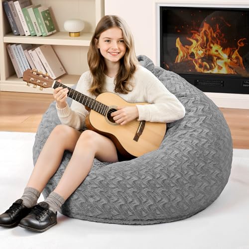 Image of 2FT Bean Bag Chair,Giant Bean Bag Chairs for Adults,Big Bean Bags with Memory Foam Filled, Large Beanbag Chairs with Chevron Plush Cover-Grey