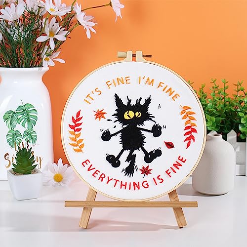 Image of Louise Maelys Everything is Fine Embroidery Kit for Beginners Cat DIY | Cross Stitch Kits Include Pre-Printed Fabric, Embroidery Hoop, Threads, Needles and Guide. Needlepoint Kit for Adults