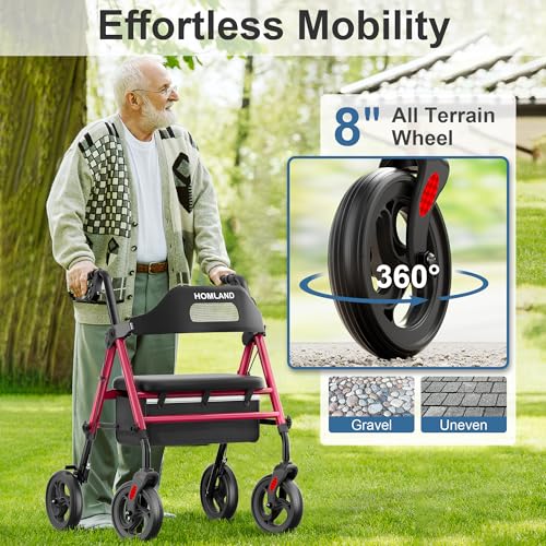 Image of HOMLAND Foldable Rollator Walkers with Seat for Seniors, 16 inch Wide Seat | 8 inch All Terrain Wheels, 1.9 inch Thick Padded Seat, Adjustable Seat & Handle Height, Comfort & Stability Rolling Walker