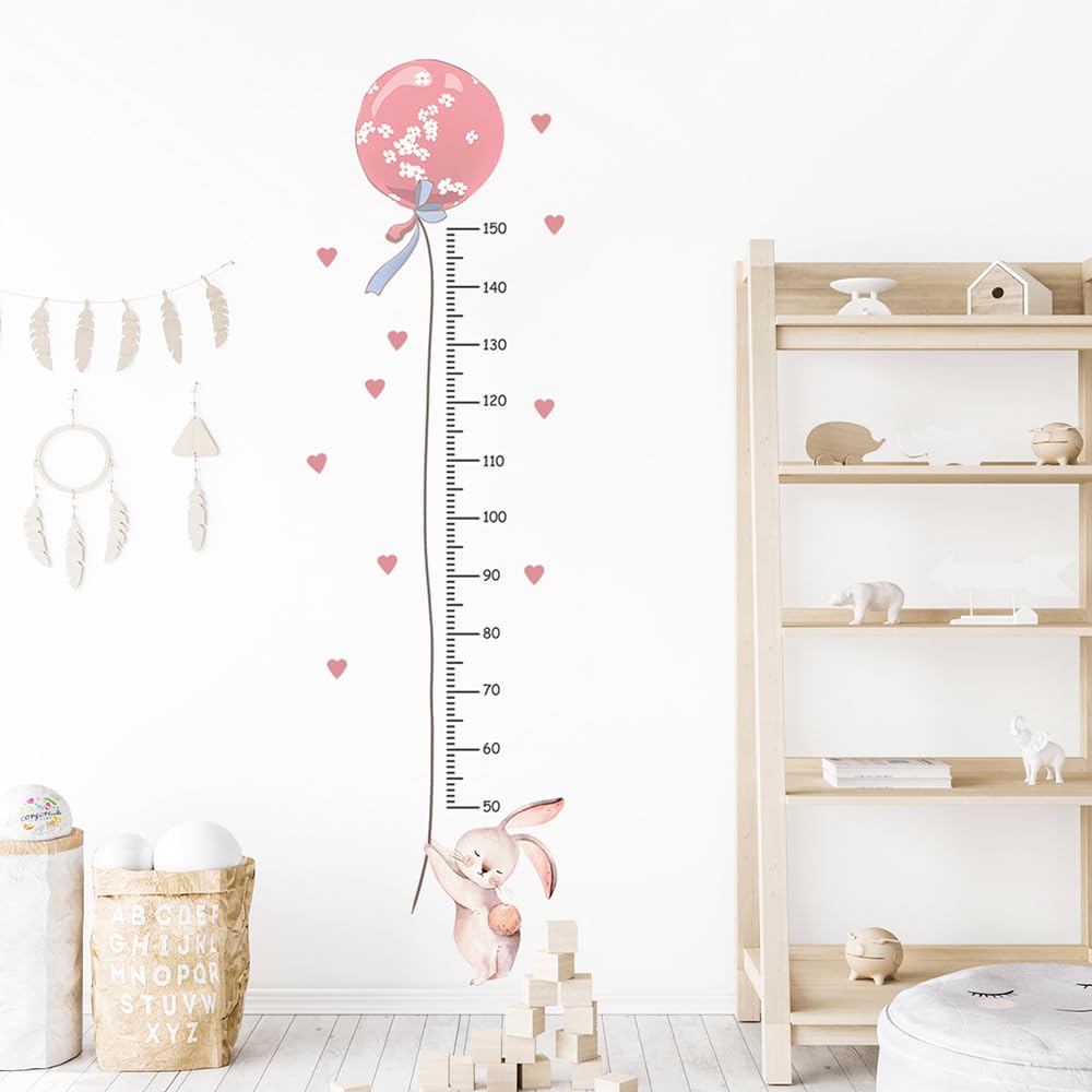 Stickers mesure de la hauteur pour fille Rose Tableau mural de hauteur Stickers muraux décoratifs pour enfants Planche de croissance du bébé Graphique de croissance enfant Vinyle Mesureur Lapin