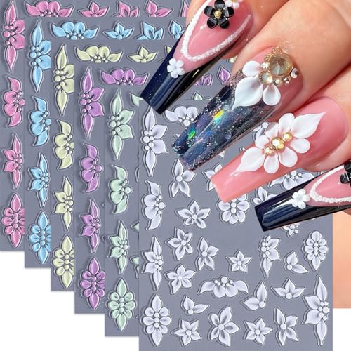 6PCS 5D Embossed Flowers Nail Stickers Colorful Floral Nail Art Sticker Pink White Blue Elegant Yellow Green Lace Flowers Petals Nails Design Stickers Nails Supplies for Women DIY Manicure Decorations