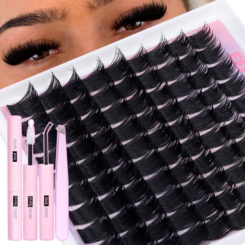Spiky Lash Clusters Kit D Curly Volume Eyelash Clusters Kit Dramatic Cluster Eyelash Extensions Kit Bond and Seal Tweezers 10-16mm Individual Lashes Thick Mega Lashes Extension Kit by Eefofnn