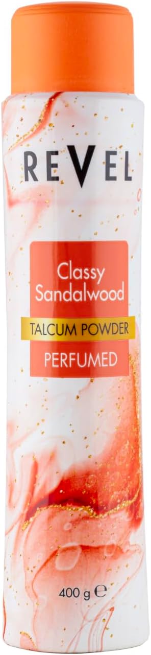 Revel Classy Sandalwood Perfumed Talcum Powder 400g Orange, Signature Fragrance, Body Powder, Sweat Free, Soft, Scented All Day, For All Skin Type