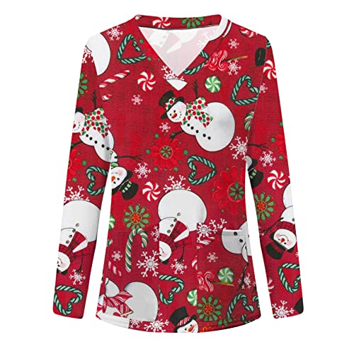 thuthu Kasack Damen Pflege Bunt Mit Motiv Karikatur T-Shirt Schlupfkasack Mit Taschen Langarm V-Ausschnitt Schlupfhemd Berufskleidung Krankenpfleger Uniformen Kasacks Weihnachten Cover