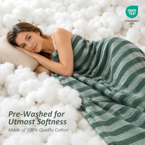Image of EMME Muslin Cotton Blanket Striped Adults Forest Green Throw XL 50 inch x 70 inch