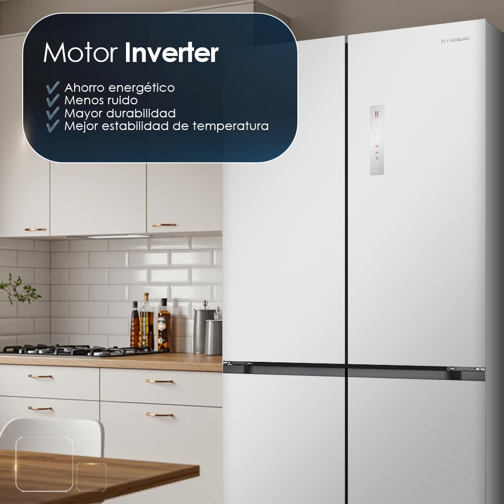 Hyundai Frigorífico Americano Inox, 4 Puertas HQP19283NEDI00, Capacidad 466 Litros, No Frost, Multi Air Flow, Bajo Nivel Sonoro, Clasificación Energética E
