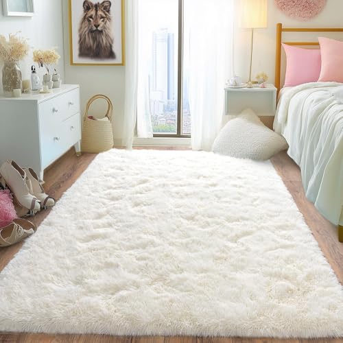 iEvery Rugs for Bedroom 120x160 cm - Cream White Fluffy Shaggy Rug for Living Room Soft Non Slip High Pile Modern Floor Carpet for Bedside Kids Girls Room