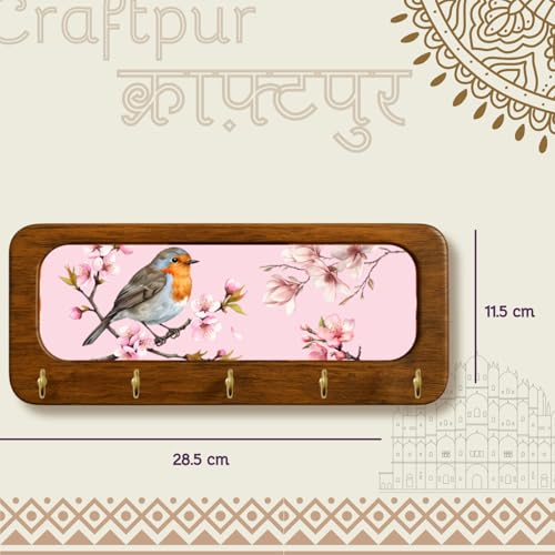Image of Stylish Wooden Key Holder for Wall | Cute Key Holder for Home Decor | Key Holder Stand with 5 Hooks | Wall Mounted Key Hanger| (Bird Pink Keyholder)