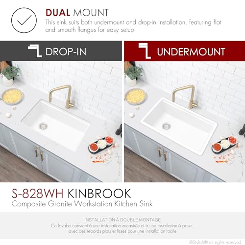Image of Stylish 28 x 18 Inch Composite Granite Workstation Kitchen Sink, Single Bowl Under Mount & Drop in, 9.5 in Deep, with Bamboo Cutting Board, Roll-Up Drying Rack, Colander & Strainer, White, S-828WH