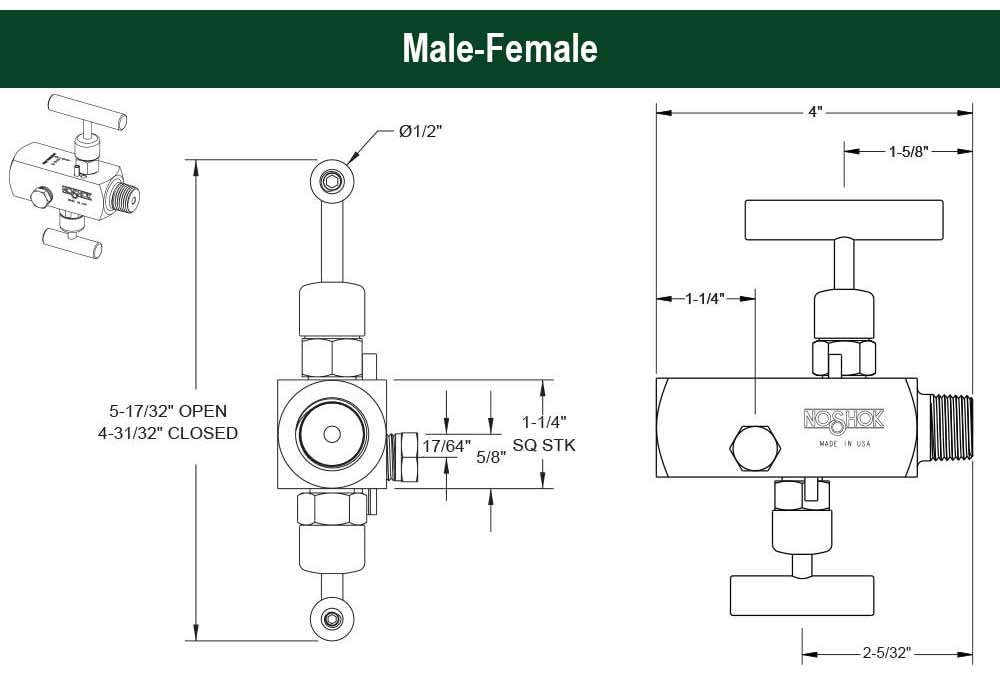 2 Valve Block & Bleed, Hard Seat, 1/2 NPT Male - 1/2 NPT Female, 316 SS, 0.187