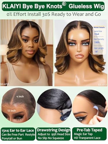 Image of KLAIYI Pre Everything13x4 Lace Front Glueless Bob Loose Body Wave Wig Human Hair Drawstring Ombre Brown Bye Bye Slip Pre Plucked Bleached Knots Ready to Wear and Go Wig with Face Framing Bang 12Inch