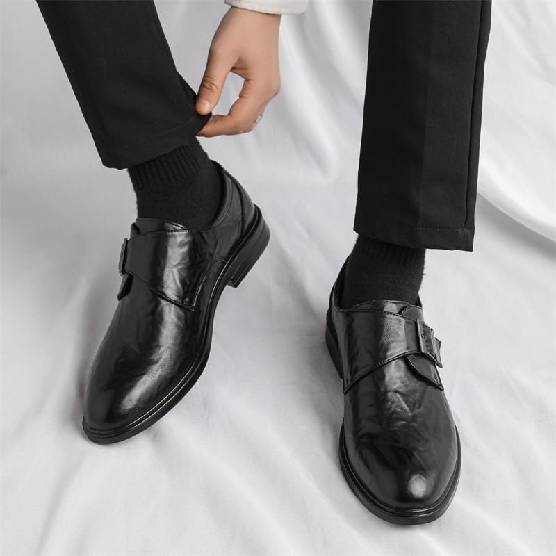 Casual Business Walking Shoes for Men Dress Oxford for Mens Slip On Pointed Toe Vegan Leather Solid Color Monk Strap Rubber Sole Block Heel Non Slip Resistant Working4