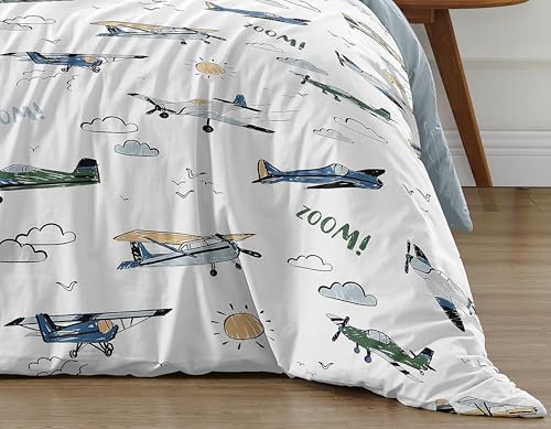 Image of Sweet Jojo Designs 2-Piece Twin Comforter Set (Green Vintage Airplane) for Boys, Children, Kids Bedding, Bed in a Bag incl. Blanket & Pillow Sham (Airplanes, Transportation, Clouds, Sun, Sky, Blue)