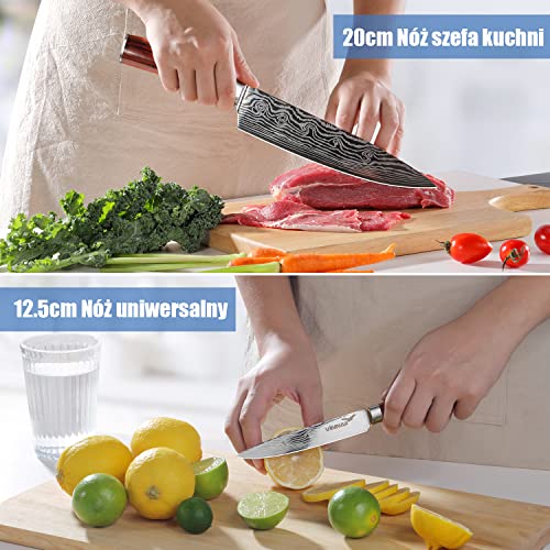 Foto von Küchenmesser Sets, VINNAR Professionelles Kochmesser Set Edelstahl Gemüse Fleisch Werkzeug Zubehör mit rotem Pakkawood Griff, 6 teiliges Messer Set