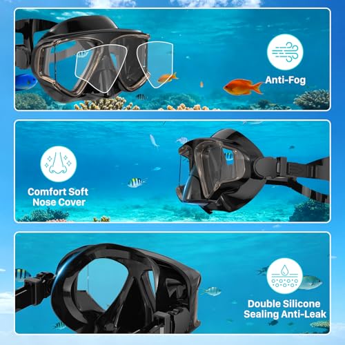 Set de snorkel para adultos con máscara de buceo, visor panorámico HD, snorkel seco, anti-vaho y anti-fugas, con cubierta para nariz y bolsa de viaje miniatura 5