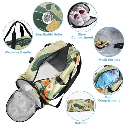 YETTASBIN Sport Travel Duffel Bag for Girls Boys, Japanese Style Flower Large Waterproof Weekender Overnight Bag, Detachable Shoulder Strap Gym Bag with Shoe Compartment & Wet Pocket4