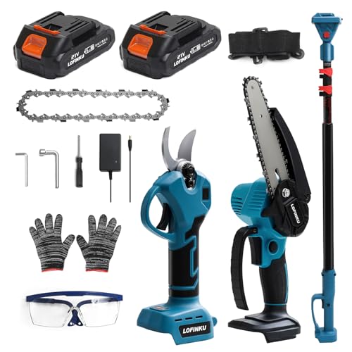 Electric Pruner Kit for Tree Trimming & Garden Maintenance, 3-in-1 Cordless Chainsaw & Shears Set with 8ft Extension Pole, 2×21V Batteries, Blue, for Homeowners & Yard Work, SK5 Steel Blades