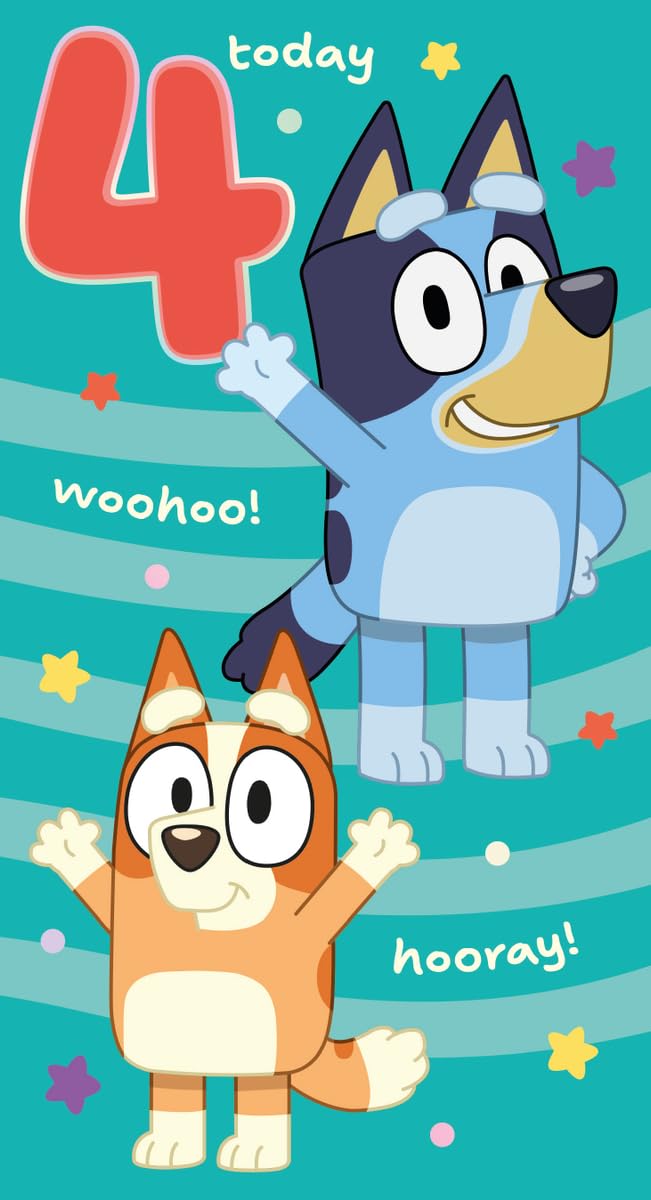 BLUEY BIRTHDAY CARD AGE 4, BLUEY 4TH BIRTHDAY CARD FOR BLUEY LOVERS