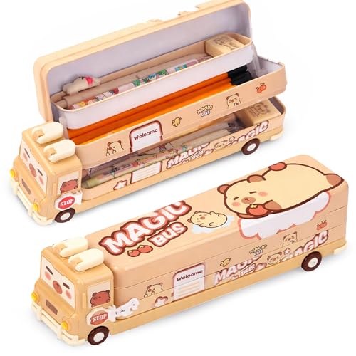 Image of Toyshine Cute Cartoon School Bus Shape Pencil Box with Moving Tyres | Stationery Storage Case | Multipurpose Pencil Pen Box for School Students Birthday Return Gift Party Favor for Kids - Brown