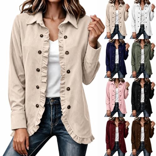 Corduroy Jacket Women Ruffle Business Casual Open Front Lapel Button Coat - image 1