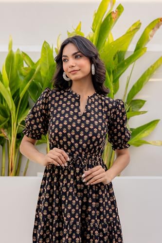 Image of LABEL ADRIJA Pure Cotton Calf Length Midi Dress for Women Floral Print | Flared Anarkali Dress Puff Sleeves