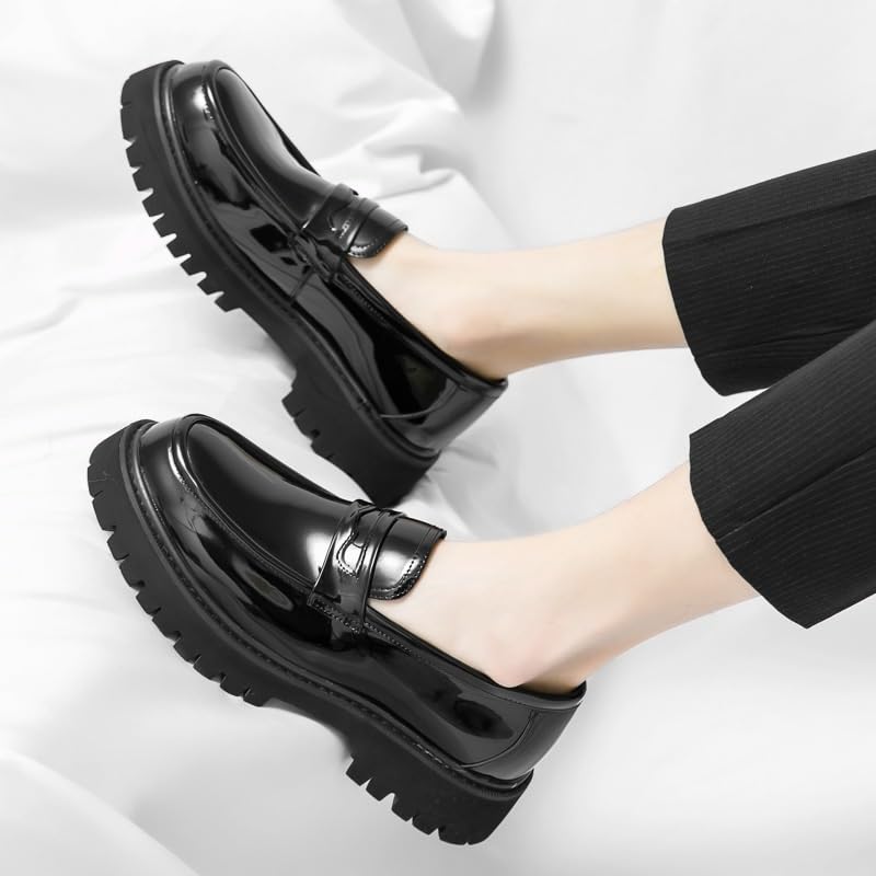 Men's Leather Platform Chunky Slip-On Penny Loafers Classic Round Toe Lug Sole Business Casual Formal Work Shoes for Men3