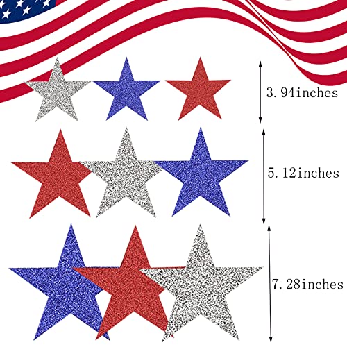 Image of 63 Pieces Patriotic Star Cutouts Red White and Blue Glitter Star Paper Cutouts Kit 4th of July Decoration for Independence Day Bulletin Board Classroom Wall Party Decoration Supply (Color A, 63)