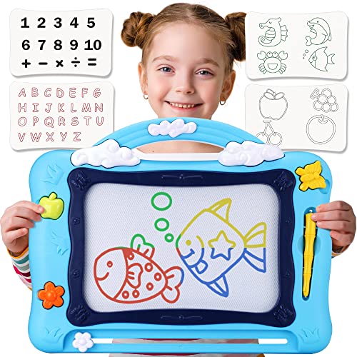 Misscat Große Magnetische Maltafel Zaubertafel, 42x32cm Magnettafel Kinder Löschbare 4 Farben Zaubermaltafel mit Stift 3 Stempel für Jungen Mädchen ab 3 4 5 6 7 8 Jahre Spielzeug Geschenk, Blau Cover