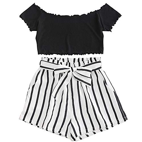 ZAFUL Women's Two Piece Outfit Off Shoulder Crop Top and Striped Shorts Set (Black, L)