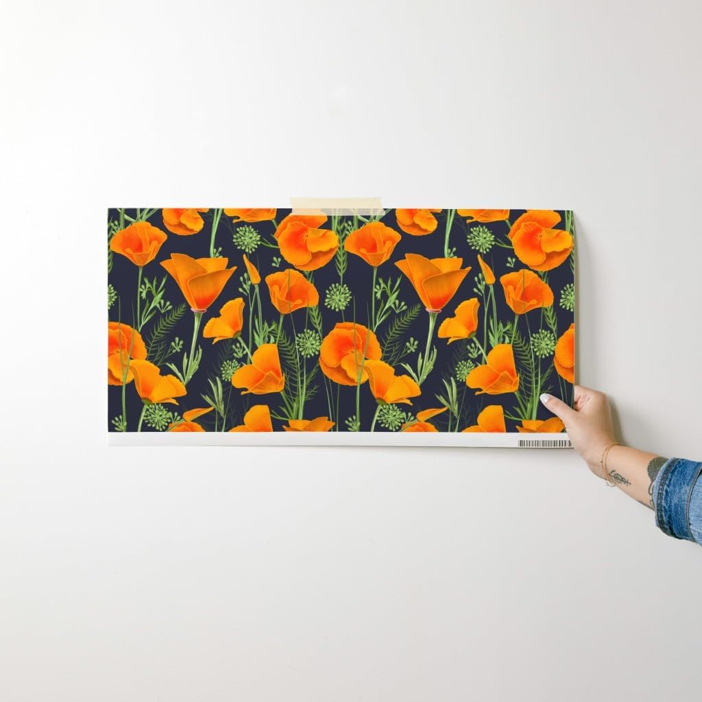 Peel & Stick Wallpaper Swatch - Poppies Poppy Orange Blue Floral Art Navy Flower Custom Removable Wallpaper by Spoonflower