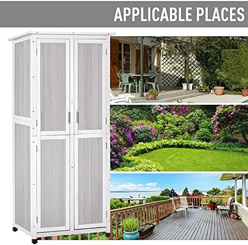 Outsunny Outdoor Garden Shed Wooden Garden Cabinet 3-Tier Double-door Storage Shed 2 Shelves Organizer with Handle Hooks Magnetic Latch Foot Pad 77 x 58 x 175cm Grey