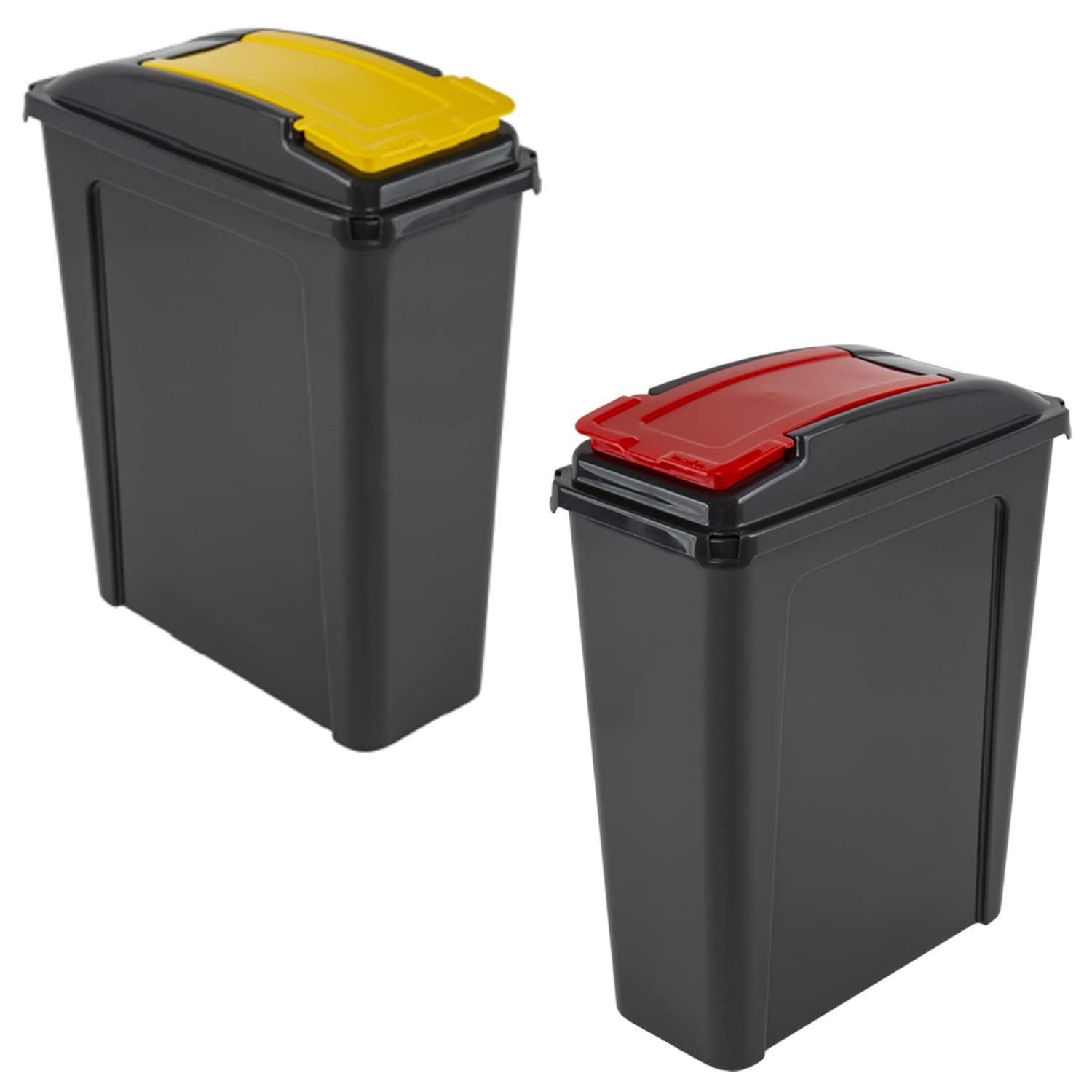M1SS Set of 2-25L Litre Plastic Indoor Recycle Slimline Waste Bin with Lid for in the Home/Kitchen- Made in UK (Red And Yellow)